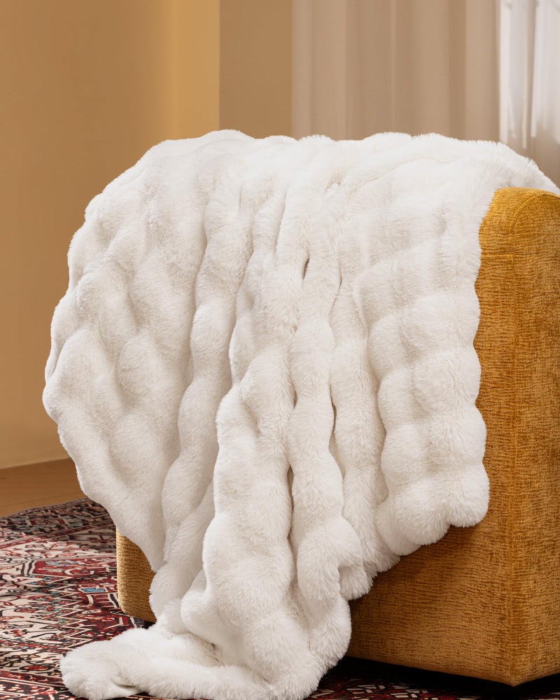 blunique Ultra Soft Cozy Faux Fur Throw Blanket, Fuzzy Plush Thick Bubble Blanket, Luxury Fluffy Blanket for Couch, Sofa, Bedroom, and Living Room, 50x60 Inches, Cream White - Image 2